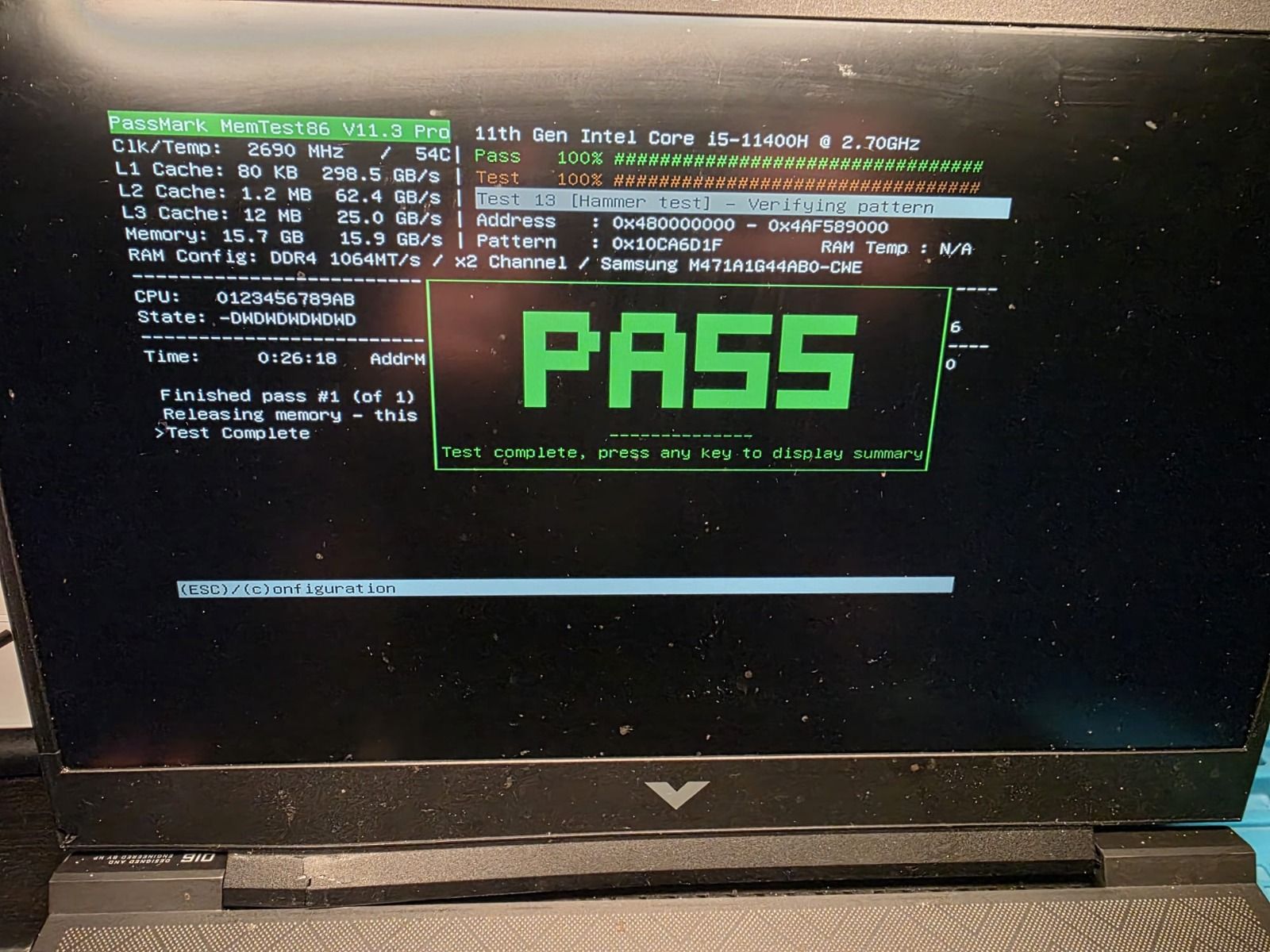 Laptop memory test pass result